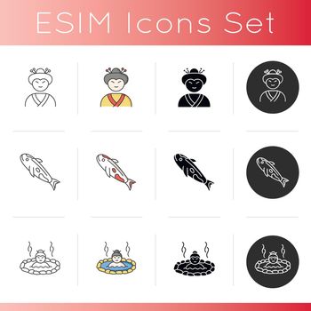 Japan icons set. Geisha woman. Japanese girl in traditional asian attire. Carp koi. White fish with red spot. Hot springs resort. Linear, black and RGB color styles. Isolated vector illustrations