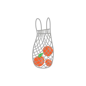 Doodle eco string bag with fruits isolated on white background.