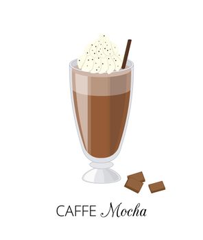 Caffe mocha with chocolate isolated on white background. Mocha drink with whipped cream in cartoon style. Perfect for posters and menu. Vector ilustration.