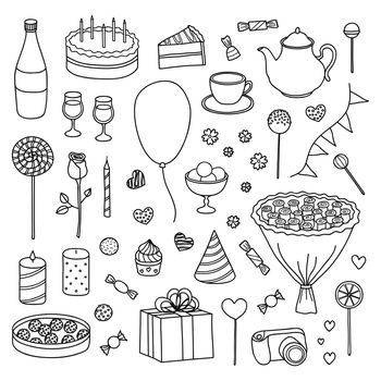 Hand drawn collection of outline items for birthday, wedding and Valentine s day isolated on white background.