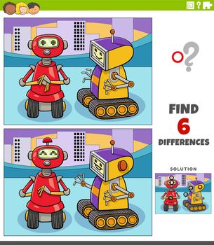 Cartoon illustration of finding the differences between pictures educational game for children with two robots characters