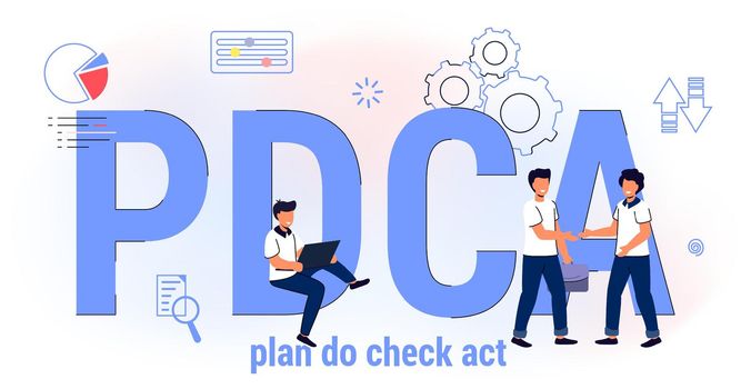 PDCA Plan Do Check Act Business action strategy goal success concept Method continuous improvement processes and products Vector illustration. Scheme with steps for process management and monitoring