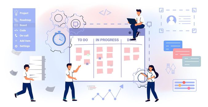 Scrum task board Agile organizer with people sticking papers on it Analyzing process of software development Flat style isolated vector illustration Whiteboard and process teamwork. Scheme methodology