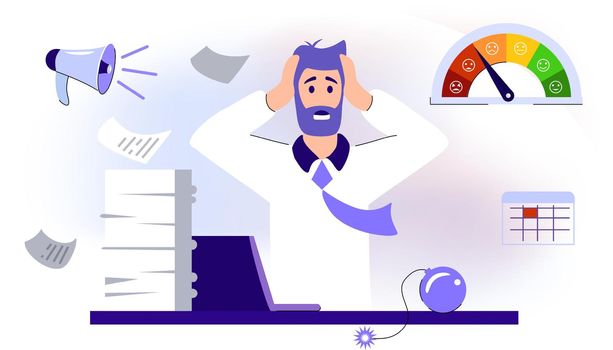 Stress level meter Concept of emotional overload, stress level, burnout, increased productivity, tiring, frustration employee in job Vector illustration Relieve stress Angry tension business lifestyle