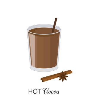 Hot cocoa in glass with straw isolated on white background. Cartoon style. Perfect for posters and menu. Vector ilustration.