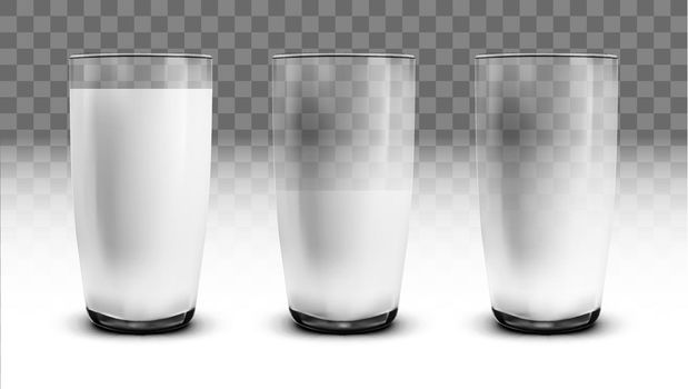 Realistic Empty, Half And Full Of Milk Transparent Glasses. EPS10 Vector
