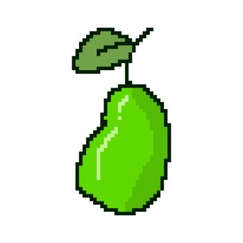 Pixel pear icon. Pear with leaf in pixel style. Vector illustration. Pixel art icon