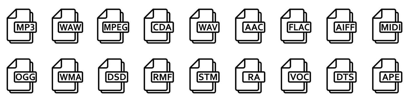 Audio file formats. Set of linear icons of different audio formats. Audio file icons. Vector illustration.
