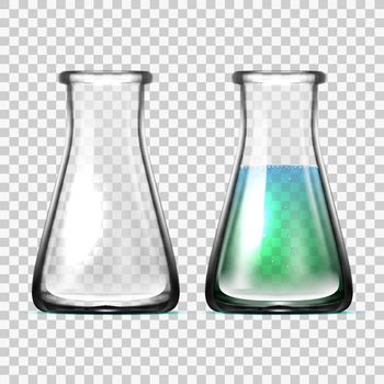Realistic Glass Laboratory Equipment. Flasks Or Beakers. EPS10 Vector