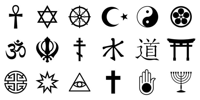 Religious symbols. Set of miscellaneous religious icons on white background. Black religious icons. Vector illustration.