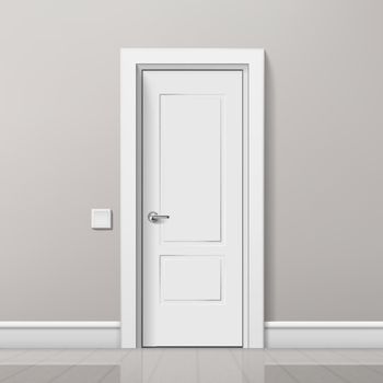 Realistic Modern White Door In Minimalist Bright Interior. EPS10 Vector