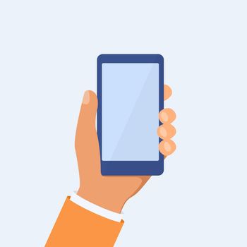 Hand holing smartphone in flat style. Phone in hand concept Vector EPS10