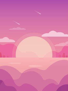 Sunset or sunrise, nature mountain and river landscape background Vector EPS10