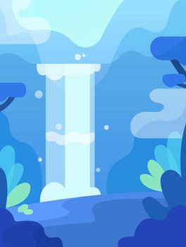Vector flat landscape background illustration with waterfall, mountains forest