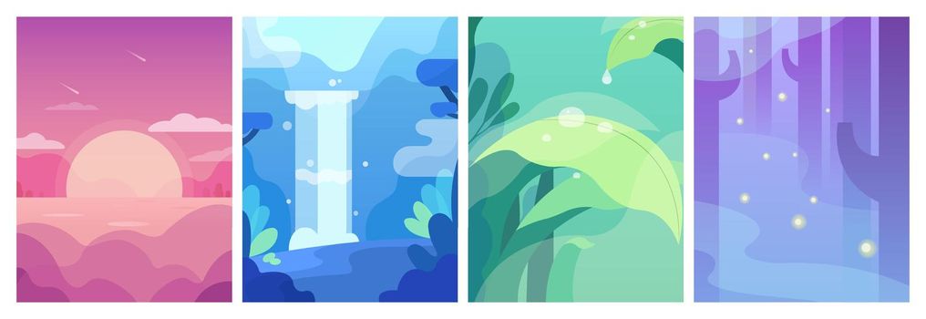 Set of beautiful flat cartoon nature landscapes with sea, mountains, waterfall and forest Vector illustration EPS10