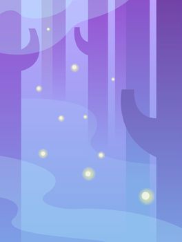 Night forest flat background. Trees with fog and fireflies Vector illustration EPS10