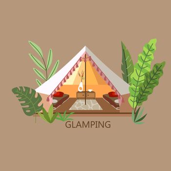 Glamping vector illustration. Beautiful picture with marquee and tropical flora. Good for your design.