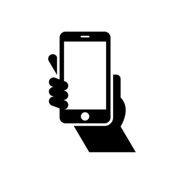 Mobile phone in hand icon. Hand hold smartphone black symbol Vector illustration EPS 10