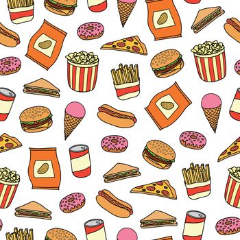 Seamless pattern with colorful hand drawn fast food meals.