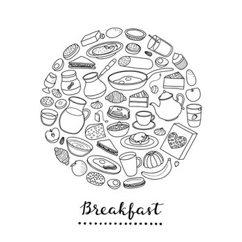 Hand drawn outline buffet style breakfast dishes including eggs, pancakes, beverages, fruits, sandwiches, cereals and yogurt composed in circle shape.