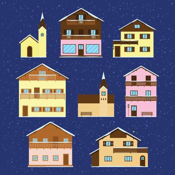 Set of Alpine wooden houses, chalets, hotels and churches in flat style isolated on white background.