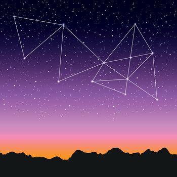 Violet space landscape with geometric connections, mountains silhouette, and stars.