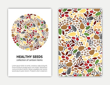 Card templates with cartoon colorful seeds. Used clipping mask.
