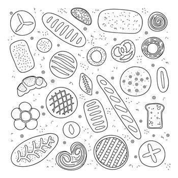Collection of hand drawn outline baking bread, bagel, buns and pastries isolated on white background.