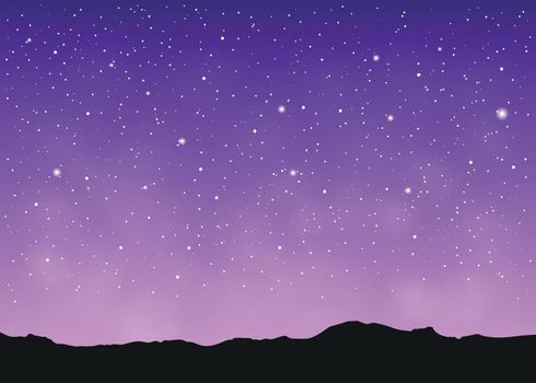 Violet space landscape with mountains silhouette and stars.