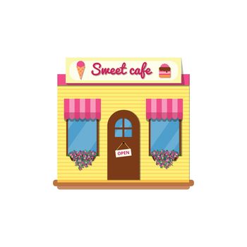 Cute sweet cafe store in flat style isolated on white background. Exterior facade of the building.