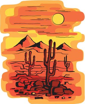 Cactus plants on the background of mountains. Sunset in the desert. Vector illustration of a vertical format.
