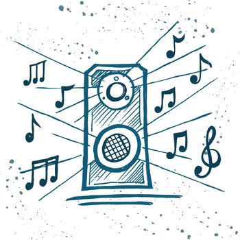 Music speakers play music. Box and notes. Hand drawn vector sketch.