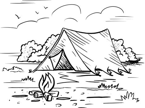 Hiking, camping outdoor recreation concept with tent, trees, bonfire. Hand drawn landscape in sketch style vector illustration for tourism poster, banner, postcard.