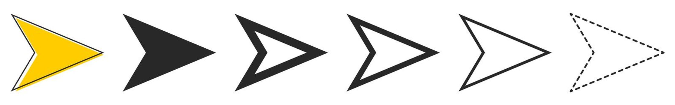 Arrows vector icons. Set of arrows on white background. Vector illustration. Various black arrows to right.