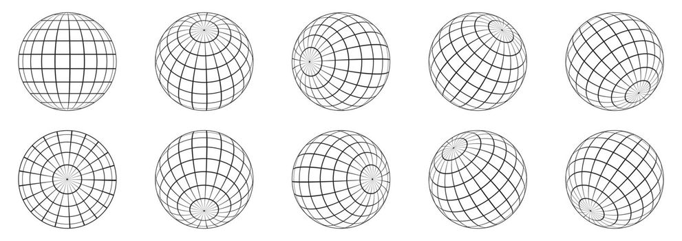3d spheres globe earth. Globe icons in different angles. Vector illustration. Isolated linear globe grid