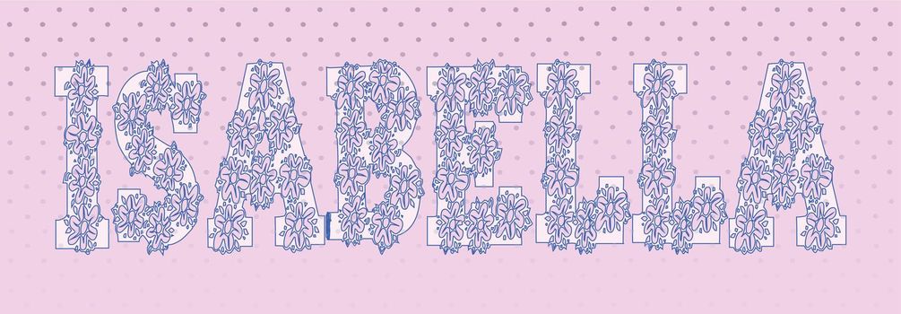 The girls name Isabella in flower text set on a dot and pink backfround