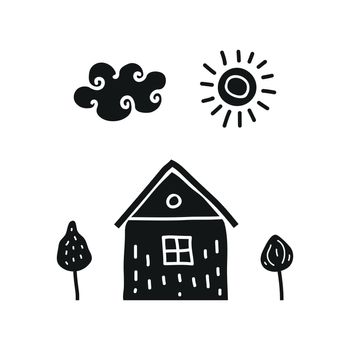 Simple scandinavian poster with black doodle house, trees, sun and cloud on white background.