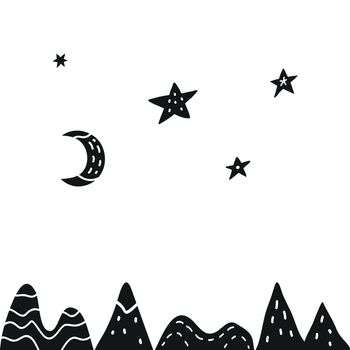 Simple scandinavian poster with black doodle mountains, moon and stars on white background.