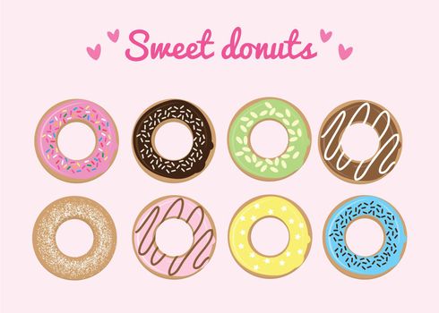 Illustration of donuts on seamless background. Element of menu. Fast food.