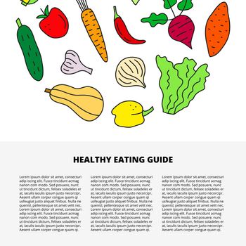Article template with text and cute doodle colorful food vegetable icons including garlic, cucumber, sweet potato, onion, beet, zuccini, butternut, tomato, carrot, chili, lettuce, bell pepper.