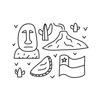 Group of doodle outline Chile icons including Easter island statue, Villarrica volcano, flag, empanadas, cactuses isolated on white background.
