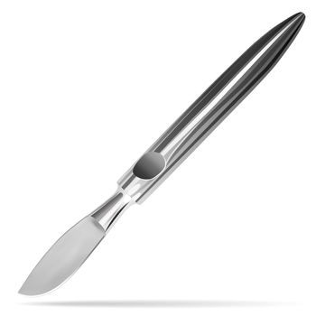 Esmarch knife. Knife for cutting plaster casts with durablea short blade and a massive handle pointed at the end. Manual surgical medical instrument on a white background. Vector illustrations