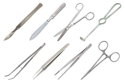 Set of surgical instruments. Different types of tweezers, all-metal reusable scalpel, clip with fastener, straight scissors with rounded ends, jagged hook Folkmann, disposable syringe. Vector illustration