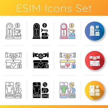 Sale icons set. Linear, black and RGB color styles. Charity shop, antique store and swap meet. Buying goods at affordable prices. Charitable and commercial business. Isolated vector illustrations