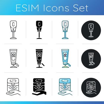 Sanitizers icons set. Germ killing gel in tube. Automatic dispenser for liquid soap. Floor stand for public bathroom. Linear, black and RGB color styles. Isolated vector illustrations