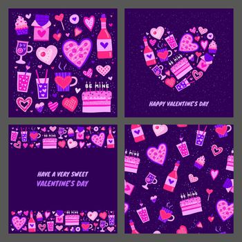 Set of cards with cute colorful doodle sweet Valentine's day and food icons isolated on grey background. Composition, poster and seamless pattern.