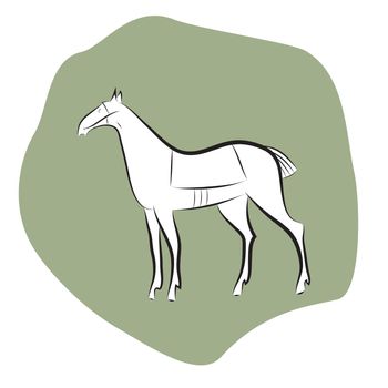 Black and white stallion silhouette on green spot background. Hand drawing steed isolated. Graceful elegant standing horse. Saddled mustang. Horse symbol. Logo template for stables, farms, racing.