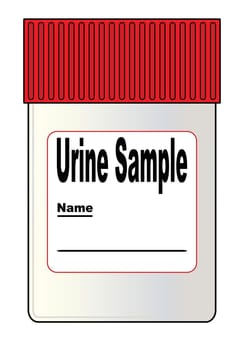 A spoof plastic empty urine sample bottle with label set over a white background