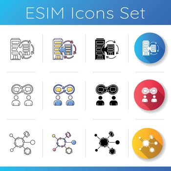 Synergy icons set. Merge with corporation. Small and big business integration. Interpersonal relationship. Network structure. Linear, black and RGB color styles. Isolated vector illustrations