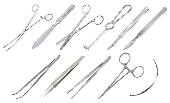 Set of surgical instruments. Different types of tweezers, scalpels, Liston s amputation knife, clip with fastener, straight scissors, Folkmann s jagged hook, Meyer s forceps, surgical needle. Vector illustration